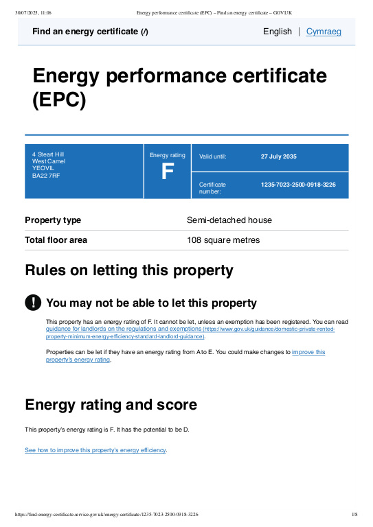 Energy Performance Certificate for West Camel, Yeovil